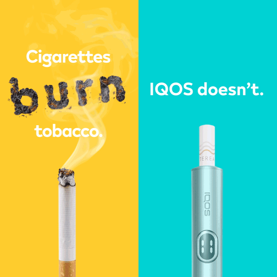 Cigarette filter with brown combustion stains compared to IQOS TEREA stick in an IQOS ILUMA holder with no equivalent stain.