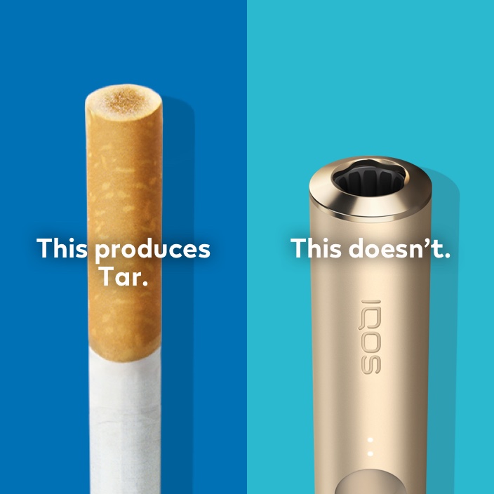 Cigarette filter with brown combustion stains compared to IQOS HEETS stick in IQOS ILUMA holder with no equivalent stain.