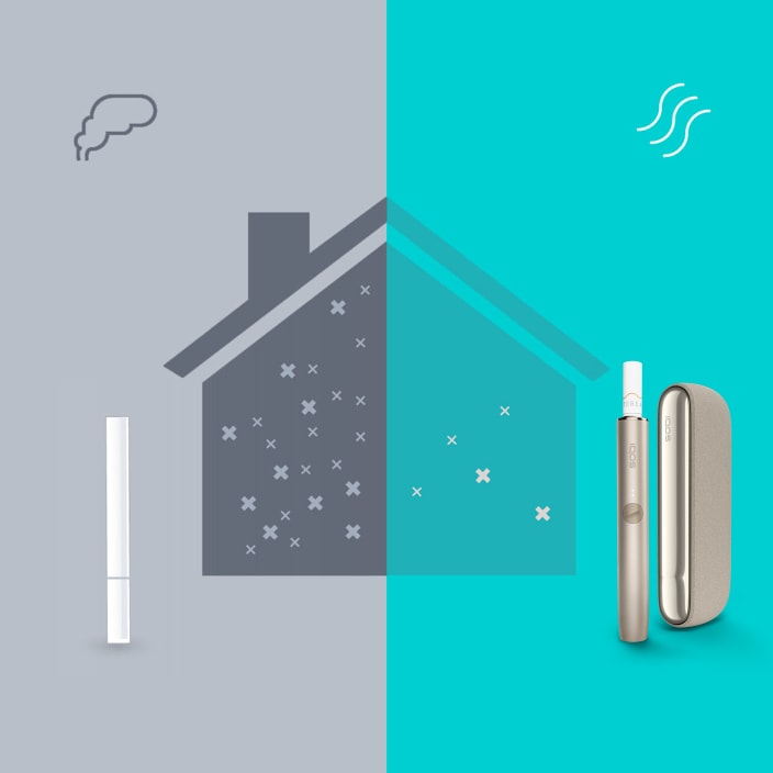 Illustration contrasting effects of cigarette smoke versus IQOS on indoor air quality.